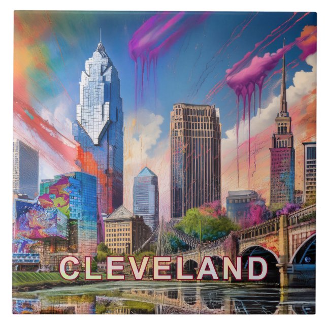 Cleveland Skyline Art  Kakelplatta (Framsidan)
