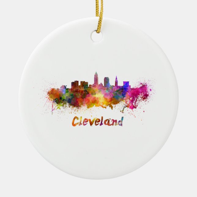 Cleveland skyline in watercolor julgransprydnad keramik (Framsidan)