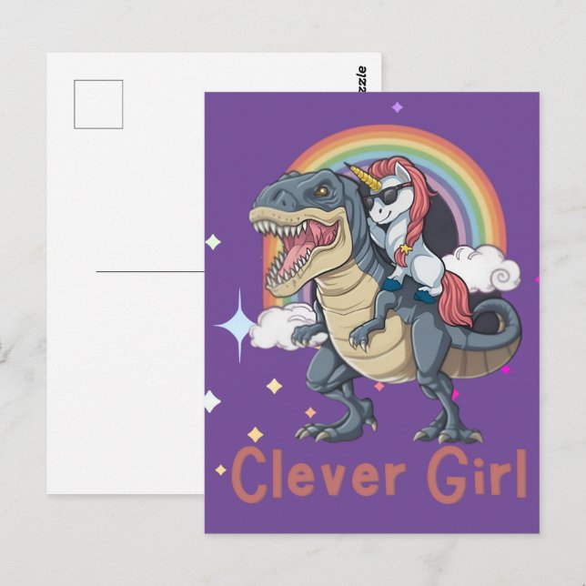 Clever Girl- Enhörning Ridande Dinosaurie Edition Vykort (Fram/baksida)