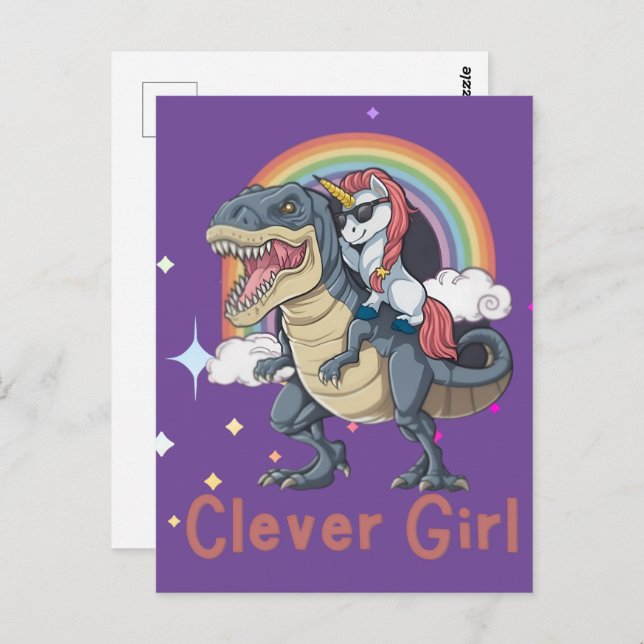 Clever Girl- Enhörning Riding Dinosaur Edition Vykort (Fram/baksida)