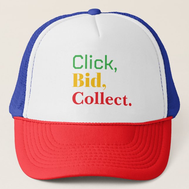 Click, Bid, Collect. Book tshirt Keps (Framsida)