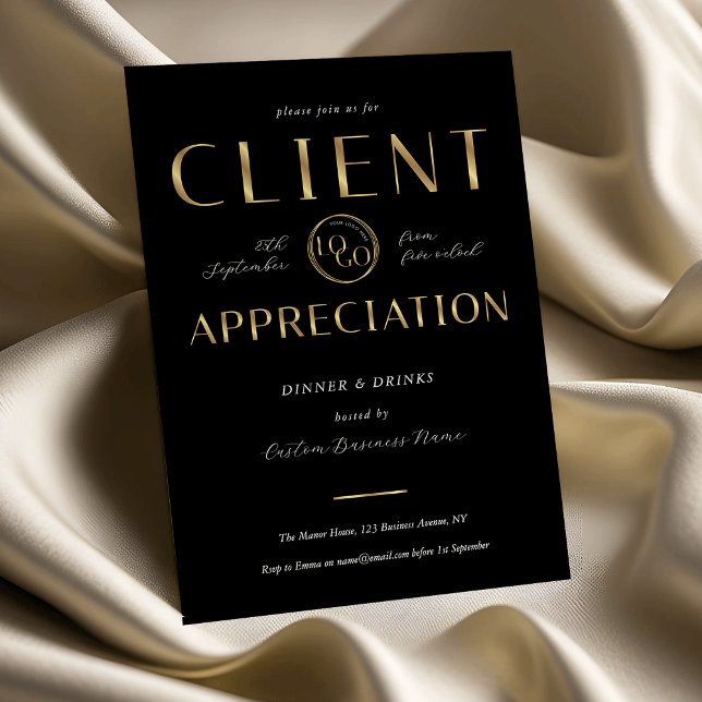 Client Appreciation Day Black & Gold Logo Company Inbjudningar (Skapare uppladdad)