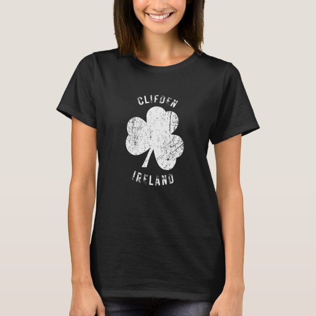 Clifden Galway Irland Vintage Shamrock Nedsliten T Shirt (Framsida)