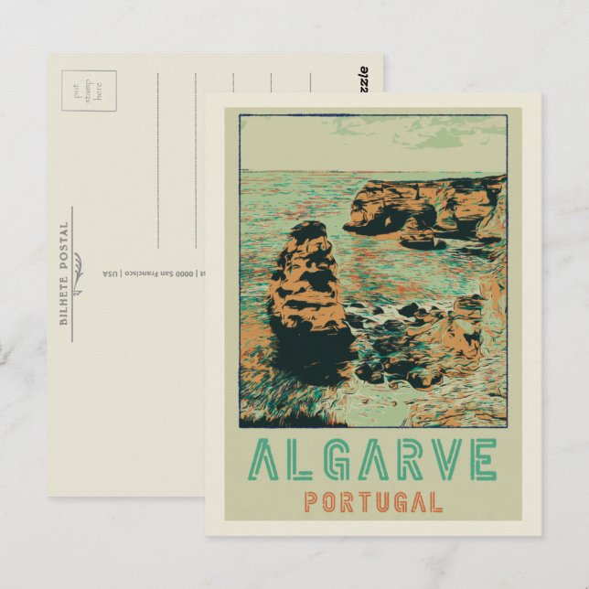 Cliff kusten illustration Algarve Portugal Postcar Vykort (Fram/baksida)