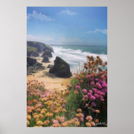 Cliff top view of strand with blommor, poster