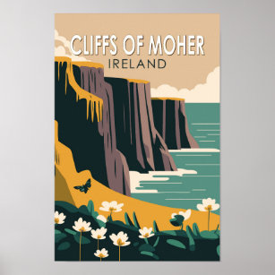 Cliffs of Moher Ireland Blommigt Travel Art Vintag Poster
