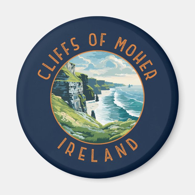 Cliffs of Moher Ireland Retro Distress Circle Magnet (Framsidan)