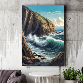 Cliffside Brown Blue Ocean Vågar Seaside Poster