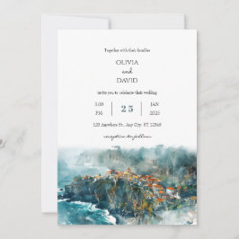 Cliffside Coastal Village Watercolor Beach Wedding Inbjudningar
