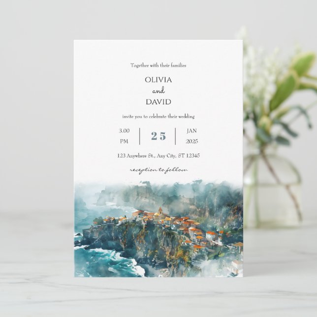 Cliffside Coastal Village Watercolor Beach Wedding Inbjudningar (Stående Fram)