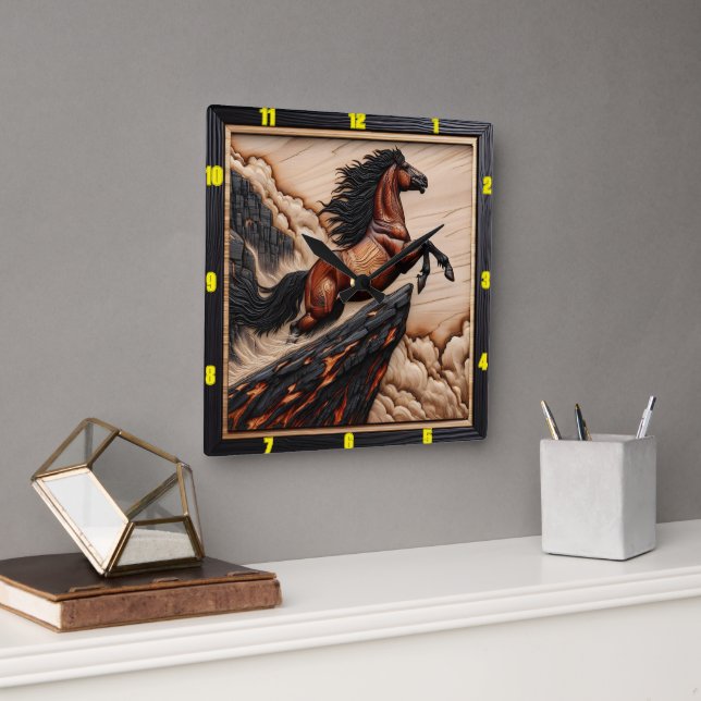 Cliffside Freedom: Wood Mustang-tidsstycke Fyrkantig Klocka (Kontor)