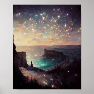 Cliffside Night Fantasy Ligcape Sci-Fi Poster