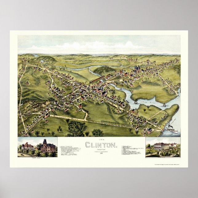 Clinton, CT Panoramic Karta - 1881 Poster (Framsidan)