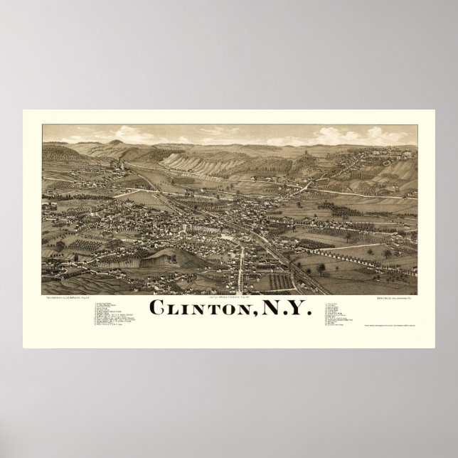 Clinton, NY Panoramic Karta - 1885 Poster (Framsidan)