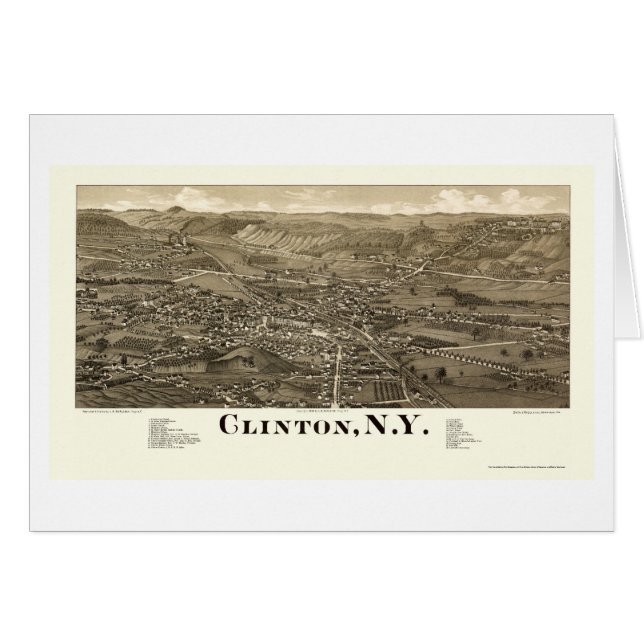 Clinton panorama- karta för NY - 1885 Hälsningskort (Framsidan Horizontal)