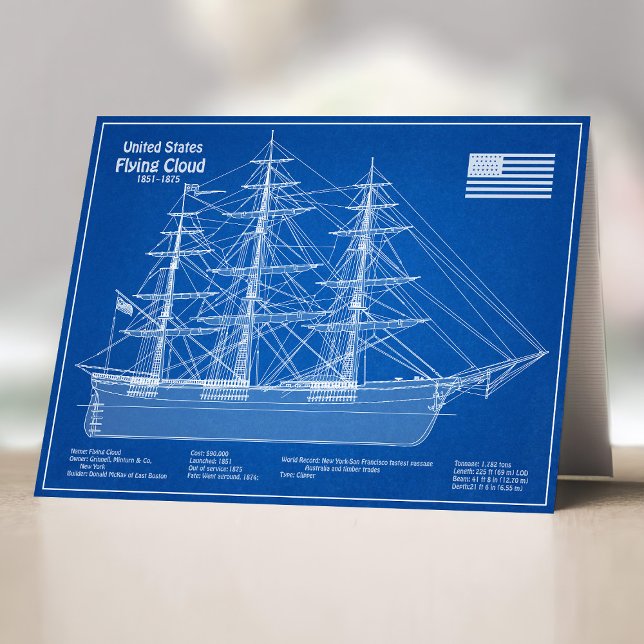 Clipper Frakt Flies Cloud - Blueprint ABD Tack Kort (Clipper Ship Flying Cloud - Blueprint ABD. Thank You Card)