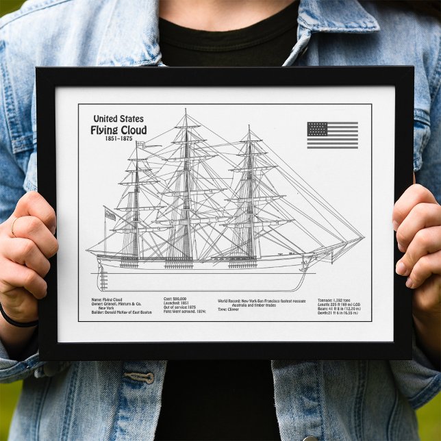 Clipper Frakt Flies Cloud - Frakt Blueprint BD Fototryck (Clipper Ship Flying Cloud - Ship Blueprint BD. Photo Print)