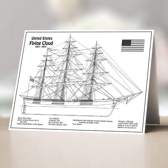 Clipper Frakt Flies Cloud - Frakt Blueprint BD Tack Kort (Clipper Ship Flying Cloud - Ship Blueprint BD. Thank You Card)