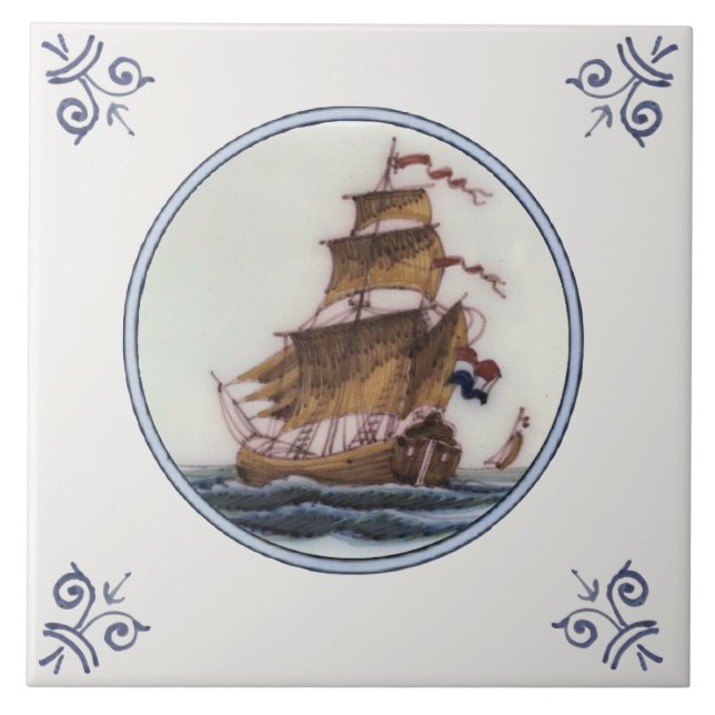 Clipper Frakt Polychrome Delft Repro Antique Tile Kakelplatta (Framsidan)