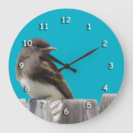 Clock - Black and White Bird on Fence Stor Klocka