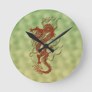 Clock för kinesiska röda drakmer Fantasy Art Desig Rund Klocka