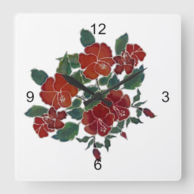 Clock - Red Tropical Flowers Fyrkantig Klocka (Framsida)