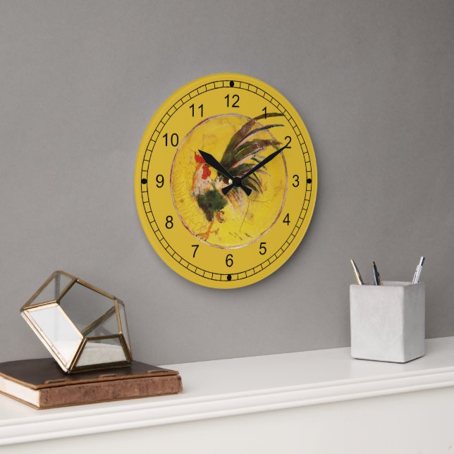 Clock - Rooster and Yellow Background Stor Klocka (Kontor)
