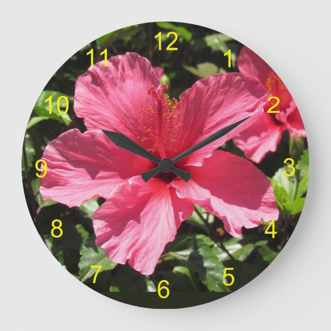 Clock - Rosa Hibiscus Blommar Stor Klocka (Framsida)