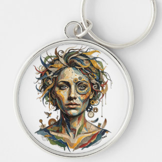 Clockwork Muse — En Surreal Steampunk-porträtt Rund Silverfärgad Nyckelring