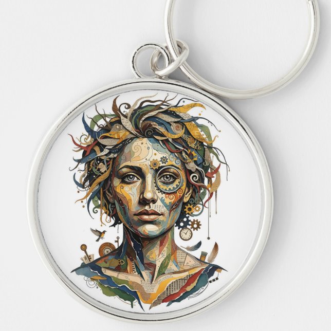Clockwork Muse — En Surreal Steampunk-porträtt Rund Silverfärgad Nyckelring (Framsidan)