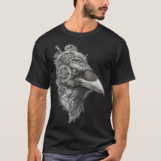 Clockwork Raven Portrait — Pen-and-Ink Steampunk  T Shirt (Framsida)