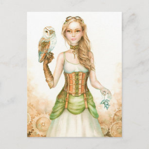 Clockwork, rustik steampunk girl och uggla vykort