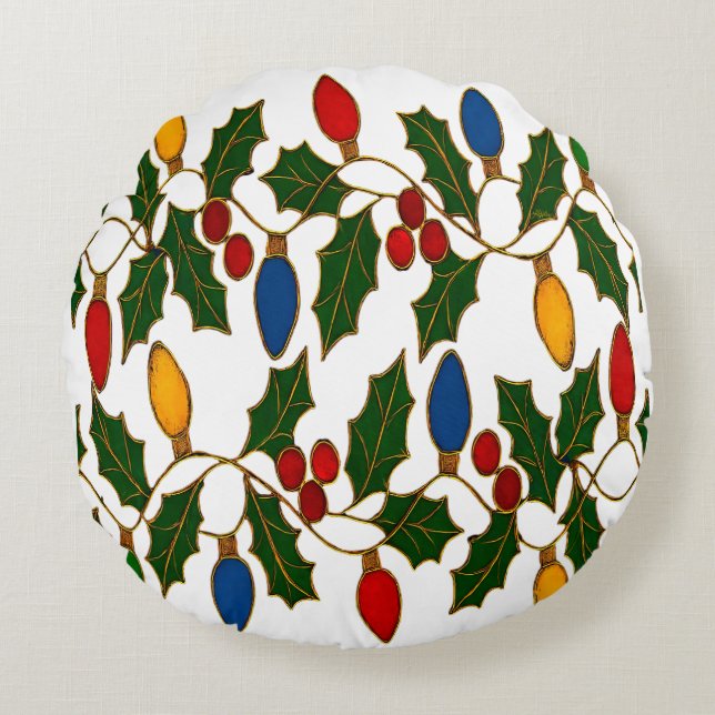 Cloisonne Art Christmas Lights and Holly Rund Kudde (Framsidan)