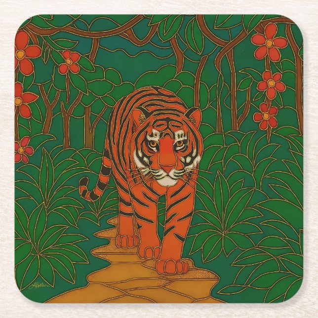 Cloisonne Art Tiger on the Jungle Path Underlägg Papper Kvadrat (Framsidan)