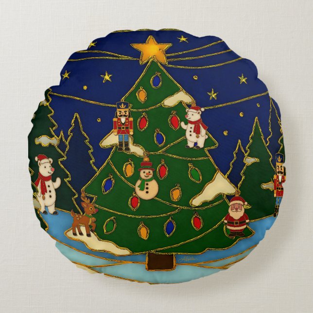 Cloisonne Art Whimsical Forest Classic Christmas  Rund Kudde (Framsidan)