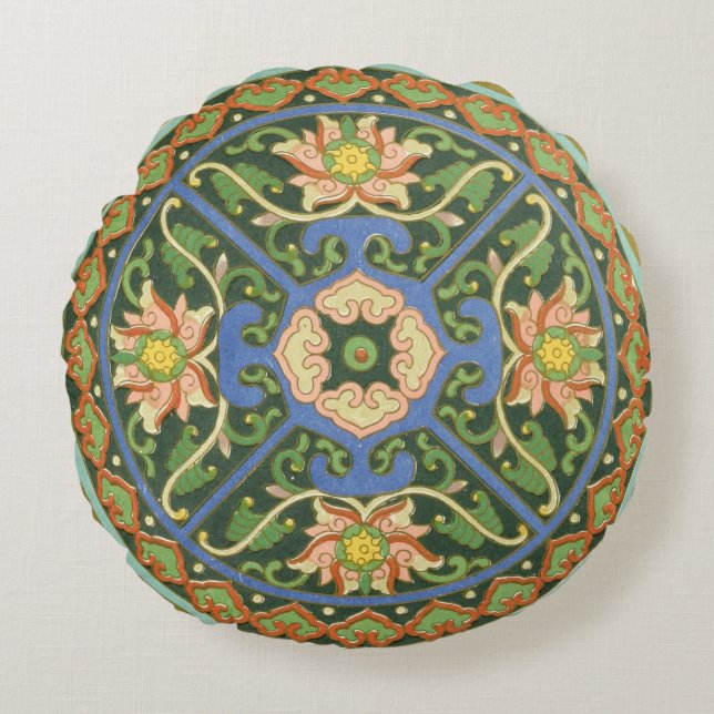 Cloisonne China Patter Asian Oriental Rund Kudde (Framsidan)