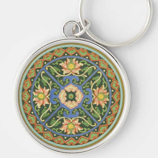 Cloisonne China Patter Asian Oriental Rund Silverfärgad Nyckelring (Framsidan)