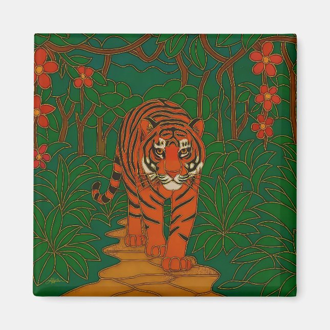 Cloisonne Konst Tiger på Djungelstigen Magnet (Framsidan)
