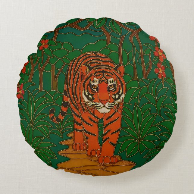 Cloisonne Konst Tiger på Djungelstigen Rund Kudde (Framsidan)