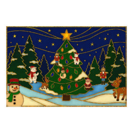 Cloisonne Konst Whimsical Skog Klassisk Jul  Fototryck