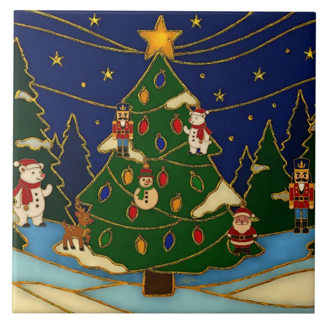 Cloisonne Konst Whimsical Skog Klassisk Jul  Kakelplatta (Framsidan)