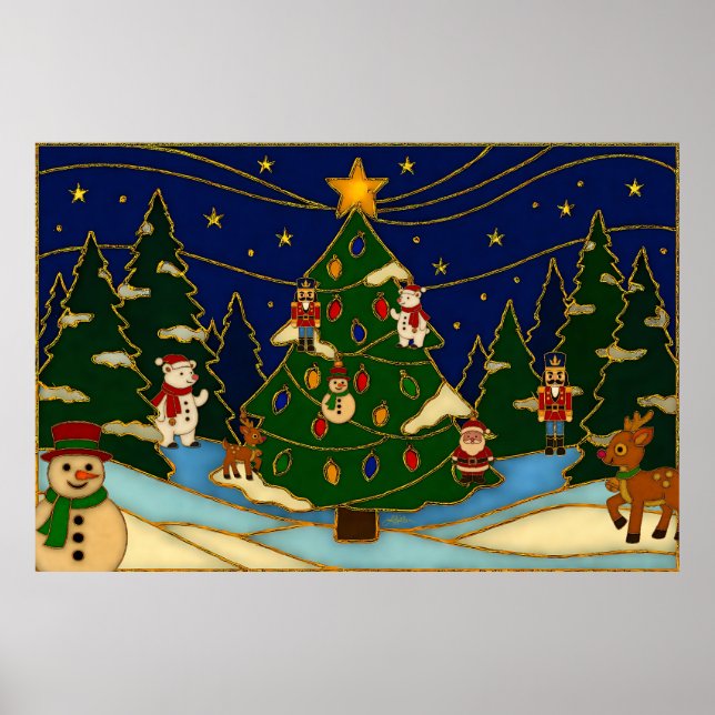 Cloisonne Konst Whimsical Skog Klassisk Jul  Poster (Framsidan)
