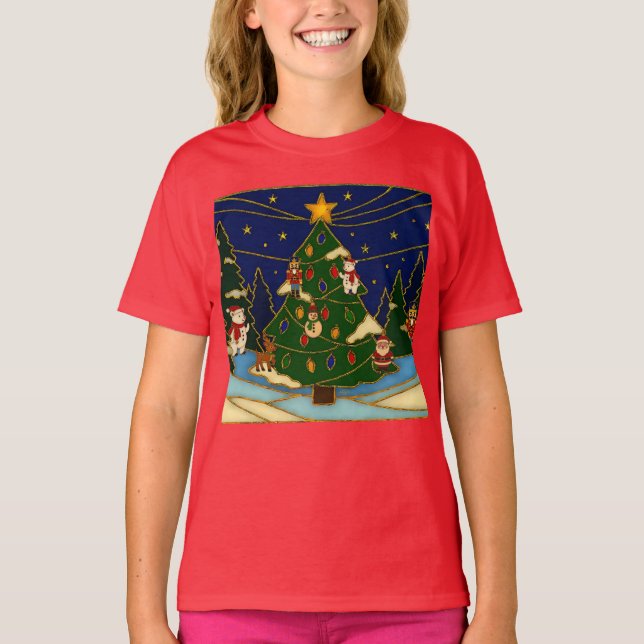 Cloisonne Konst Whimsical Skog Klassisk Jul  T Shirt (Framsida)