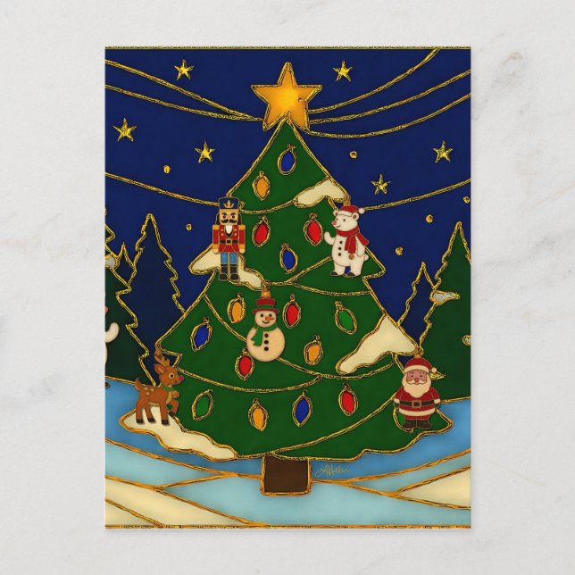 Cloisonne Konst Whimsical Skog Klassisk Jul  Vykort (Framsida)