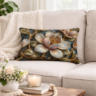 Cloisonné Magnolia Blommig Blå Guld Fyrklöver Prydnadskudde
