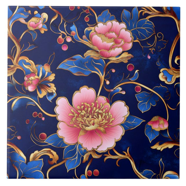 Cloisonne rosa blue blommönster panel kakelplatta (Framsidan)