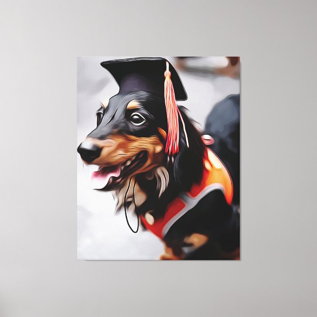 Close Up Of Dachshund Dog Wearing Graduation Hat P Canvastryck (Framsida)