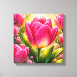 Close-up of Pink Tulips with Dew and Sunlight Glow Canvastryck