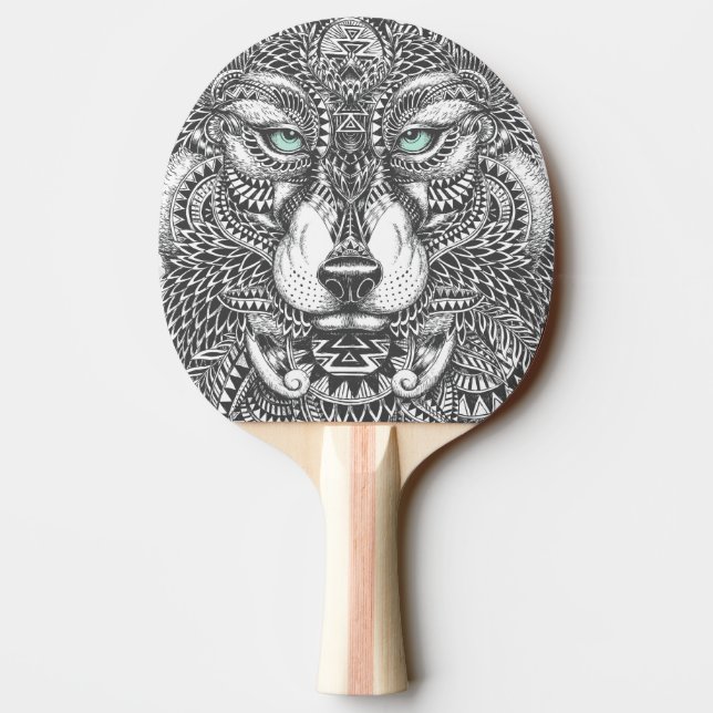 Closeup Varg Ansikte Ornate Illustration Pingisracket (Baksidan)