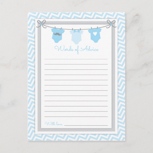 Clothesline Baby Shower Ord of Advice blue-grått Vykort (Framsida)